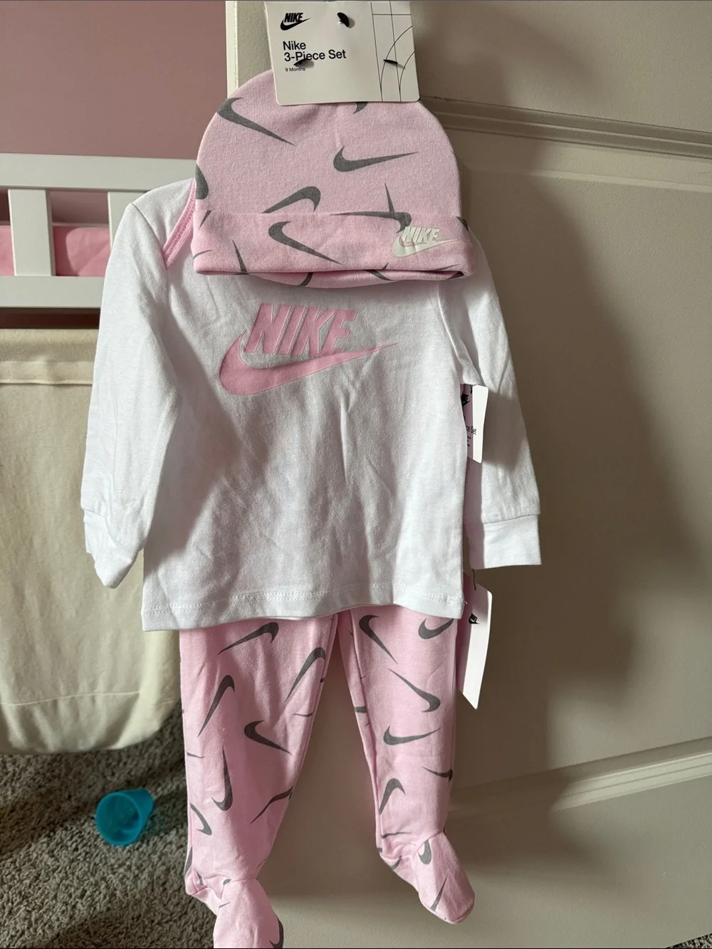 Nike Baby 3-Piece Set - Pink & White with Gray Swoosh